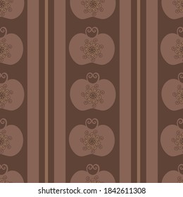 Stylized apple and stripes seamless vector pattern background. Striped backdrop with alternating rows of monochrome earthy brown orchard fruit in Jacobean fashion. Baroque design style all over print