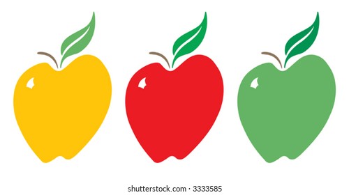 A stylized apple in three apple colors: Red, Green and Yellow.