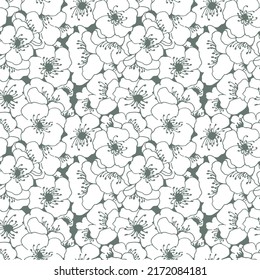 Stylized apple tree flowers line art seamless pattern. Summer vector flowers pattern.