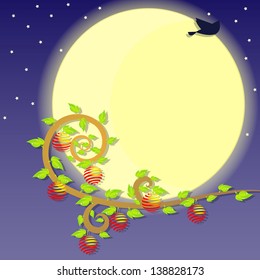 Stylized apple tree in the full moon night