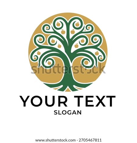 Stylized apple tree logo in golden circle, growth and nature concept