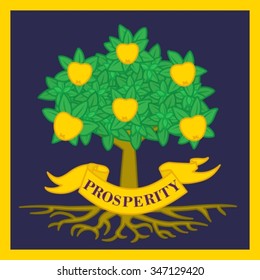 A stylized apple tree with ripe golden fruit symbolizing prosperity