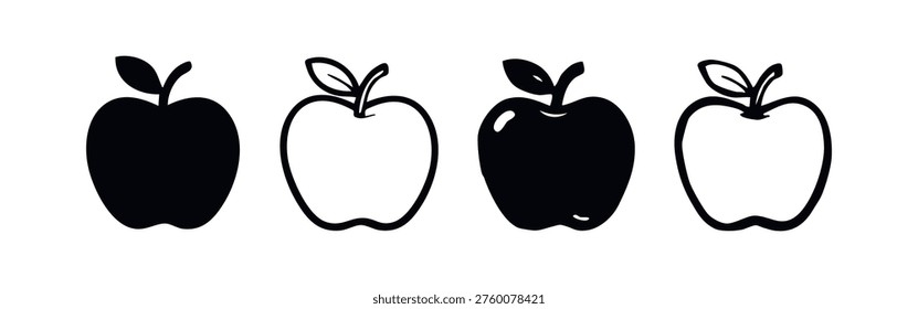Iconos de vector de manzana estilizados en blanco y negro, sólido y arte de línea