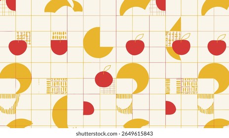Stylized apples alternate among geometric shapes form seamless pattern design