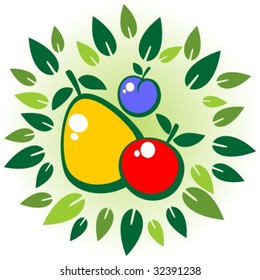 Stylized apples and flowers on a green background.