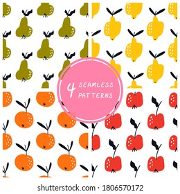 Stylized apples, pears, lemons, oranges isolated on a white background. Collection of four seamless patterns. Cartoon fruits print. Perfect for textile collection, wrapping paper, wallpaper.