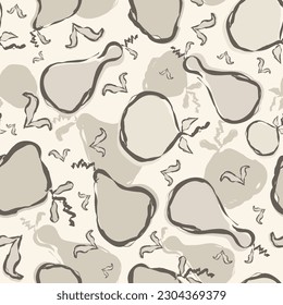 Stylized apples, pears neutral seamless vector pattern background. Ecru beige pastel orchard fruit backdrop. Hand-drawn painterly brush strokes for baby, nursery, gender neutral. All over print.