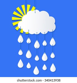 Stylized applique cutout paper cloud and sun with rain drops and shadow on blue background, vector forecast weather icon for websites 