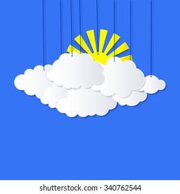 Stylized applique cutout paper cloud and sun hanging on strings with shadow on blue sky background, vector meteo forecast weather icon for websites 