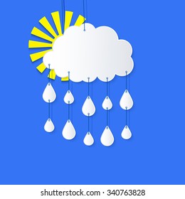 Stylized applique cutout paper cloud and hanging on strings with rain drops and shadow on blue background, vector meteo forecast weather icon for websites 