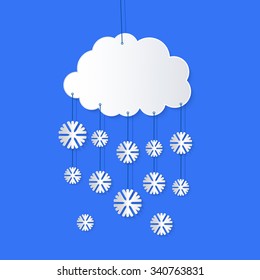 Stylized applique cutout paper cloud hanging on strings with snowflakes and shadow on blue background, vector meteo forecast weather icon for websites 