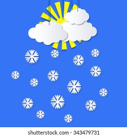 Stylized applique cutout paper cloud and sun hanging on strings with snowflakes and shadow on blue background, vector meteo forecast weather icon for websites 