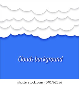 Stylized applique cutout paper clouds with shadow on blue sky background, vector  weather background for meteo websites 
