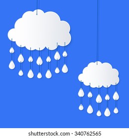 Stylized applique cutout paper clouds with shadow on blue sky background, vector  weather background for meteo websites 
