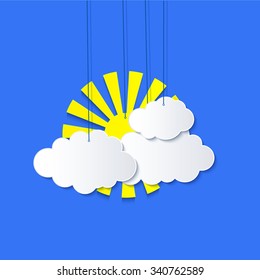 Stylized applique cutout paper clouds with shadow on blue sky background, vector  weather background for meteo websites 
