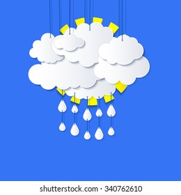 Stylized applique cutout paper clouds with shadow on blue sky background, vector  weather background for meteo websites 