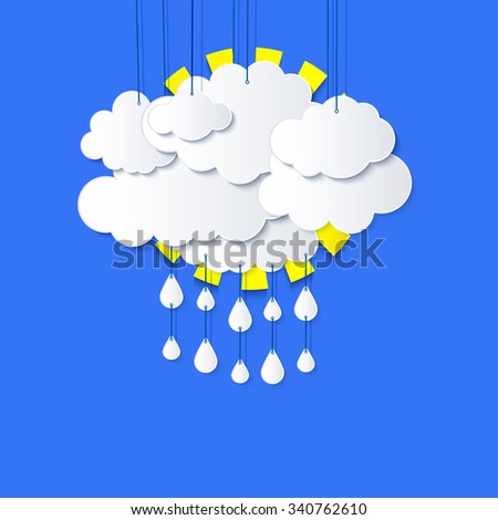 Stylized applique cutout paper clouds with shadow on blue sky background, vector  weather background for meteo websites 