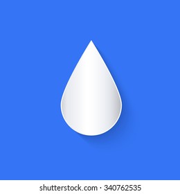 Stylized applique cutout paper raindrop with shadow on blue sky background, cute vector forecast weather icon for meteo websites 