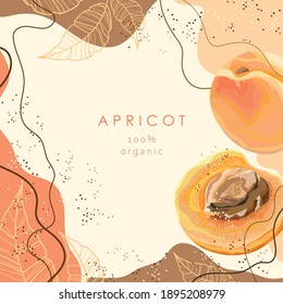 Stylized apricot with leaves on an abstract background. 100% organic". Card, banner, poster, sticker, print, advertising material. Vector illustration.