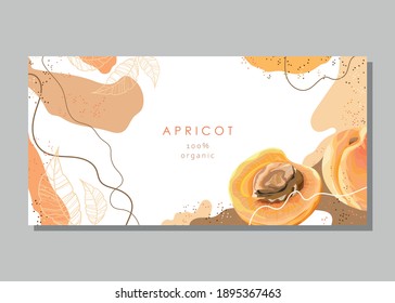 Stylized apricot with leaves on an abstract background. 100% organic". Card, banner, poster, sticker, print, advertising material. Vector illustration.