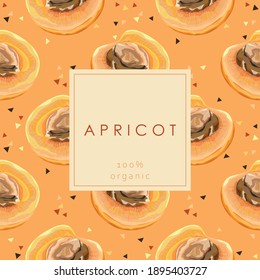 Stylized apricot with the text "apricot 100% organic". Banner, poster, wrapping paper, sticker, print, modern textile design. Vector illustration. 