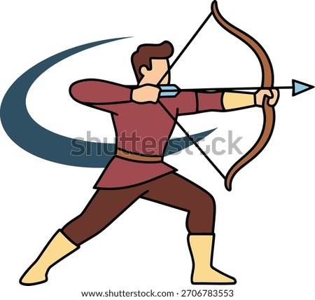 Stylized archer mascot in action with bow and arrow, ideal for sport tshirt logo, club branding, event merch and isolated sticker on white background, editable vector.
