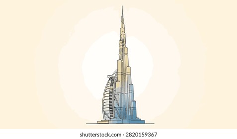 Stylized architectural illustration of the Burj Khalifa skyscraper and Burj Al Arab hotel in Dubai, United Arab Emirates, featuring minimalist line art on a soft yellow background.