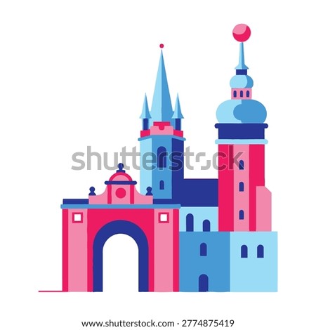 A stylized architectural landmark of Prague featuring iconic towers and a historic stone gateway. Vibrant minimalist design suitable for travel, tourism, and culture.