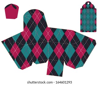 stylized argyle gift box template with tag. vector