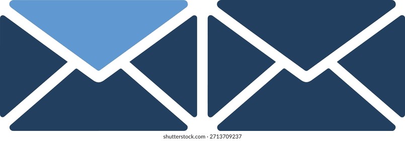 A stylized arrangement of overlapping envelope icons in navy blue and light blue hues with white outlines set against a clean white background in a geometric composition