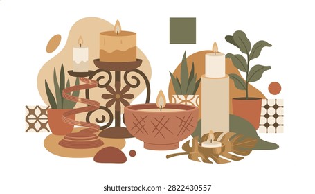 Stylized arrangement of scented candles and potted indoor plants creating a calming home atmosphere with earthy tones and decorative textures.