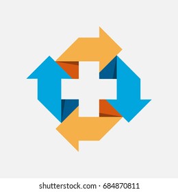 stylized arrow with cross icon in middle logo template, company logo