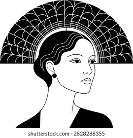 Stylized art deco portrait of elegant lady with geometric fan headwear. Vintage artistic graphic for posters and decor.
