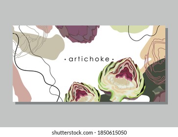 Stylized artichoke on an abstract background with the text. Banner, poster, wrapping paper, sticker, print, modern textile design. Vector illustration. 