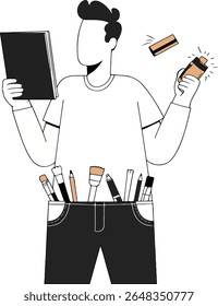 A stylized artist holding a sketchbook and art supplies, with tools in his pockets, suggesting creativity and artistic expression.
