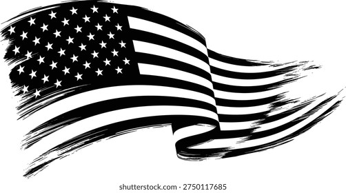 Stylized, artistic, black and white, USA flag, brushstroke, patriotic, abstract, waving, stars, stripes, national, symbol, freedom, creative, textured, dynamic, bold, graphic, flat vector illustration