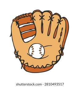 A stylized artistic drawing of a classic leather baseball mitt holding a white baseball in the center isolated on white background
