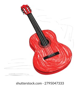 A stylized artistic drawing of a red acoustic guitar isolated on a white background featuring expressive crayon style strokes and bold colors.