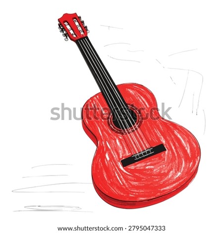 A stylized artistic drawing of a red acoustic guitar isolated on a white background featuring expressive crayon style strokes and bold colors.