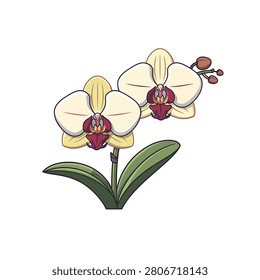 A stylized artistic drawing of two yellow orchid flowers with a dark purple center and vibrant green leaves isolated on a white background