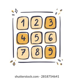 A stylized artistic grid containing the numbers one to nine written in a casual hand drawn style with soft yellow and orange square backgrounds