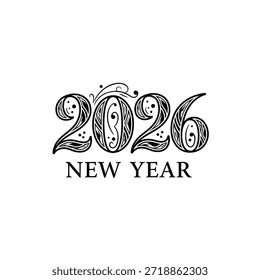 A stylized artistic representation of the year 2026 in a decorative font, accompanied by the text New Year.