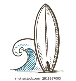 A stylized artistic sketch of a classic surfboard positioned upright beside a rolling blue ocean wave isolated on a plain background