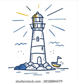 A stylized artistic sketch of a coastal lighthouse standing on rocks with a tiny boat sailing nearby