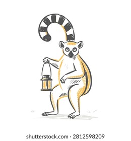 A stylized artistic sketch of a ring tailed lemur character holding an old fashioned lantern in its hand with a curious expression