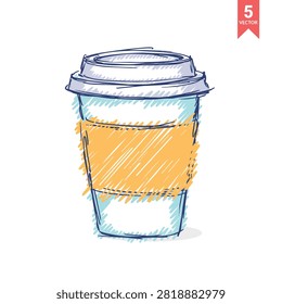 A stylized artistic sketch of a takeaway coffee cup featuring a textured orange sleeve and blue outline shading on a white background