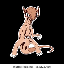 Arte estilizada com uma criatura reptiliana com características detalhadas e grandes olhos expressivos. O design retrata a criatividade e evoca a imaginação, amplamente adequado para a arte ou relacionados à fantasia