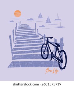 Stylized artwork of a pier at sunset with sailboats on the horizon.