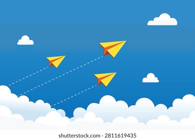 Stylized artwork of three yellow paper airplanes soaring upward through a bright blue sky with scattered white clouds, leaving dashed trails that symbolize creativity, freedom, and progress.