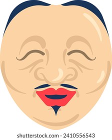 Stylized Asian elderly man face with mustache and goatee. Smiling old man with traditional facial hair. Asian senior male portrait vector illustration.